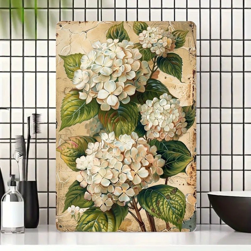 White Hydrangea Metal Sign – Vintage Botanical Tin Wall Art Decor Plaque