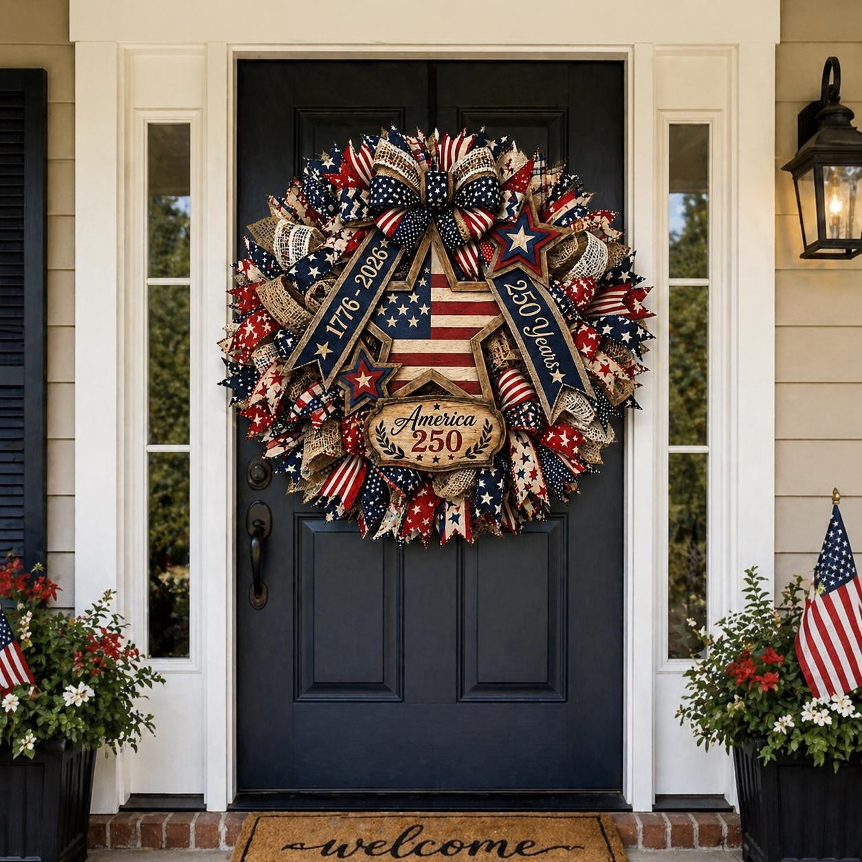 America 250th Years Wooden Wreath, Patriotic Eagle Door Sign Plaque