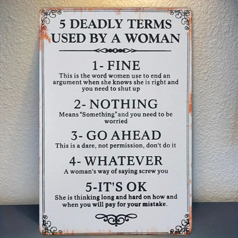 Vintage White Metal Sign 5 Deadly Terms Used By A Woman Funny Bar Wall Plaque