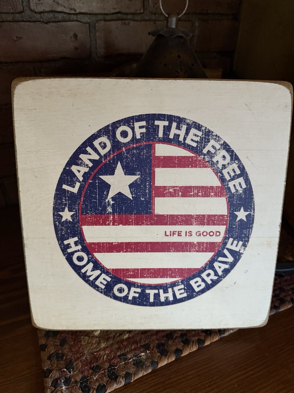 Genuine Life Is Good Wood Sign Red White Blue Flag Land Free Home Brave USA
