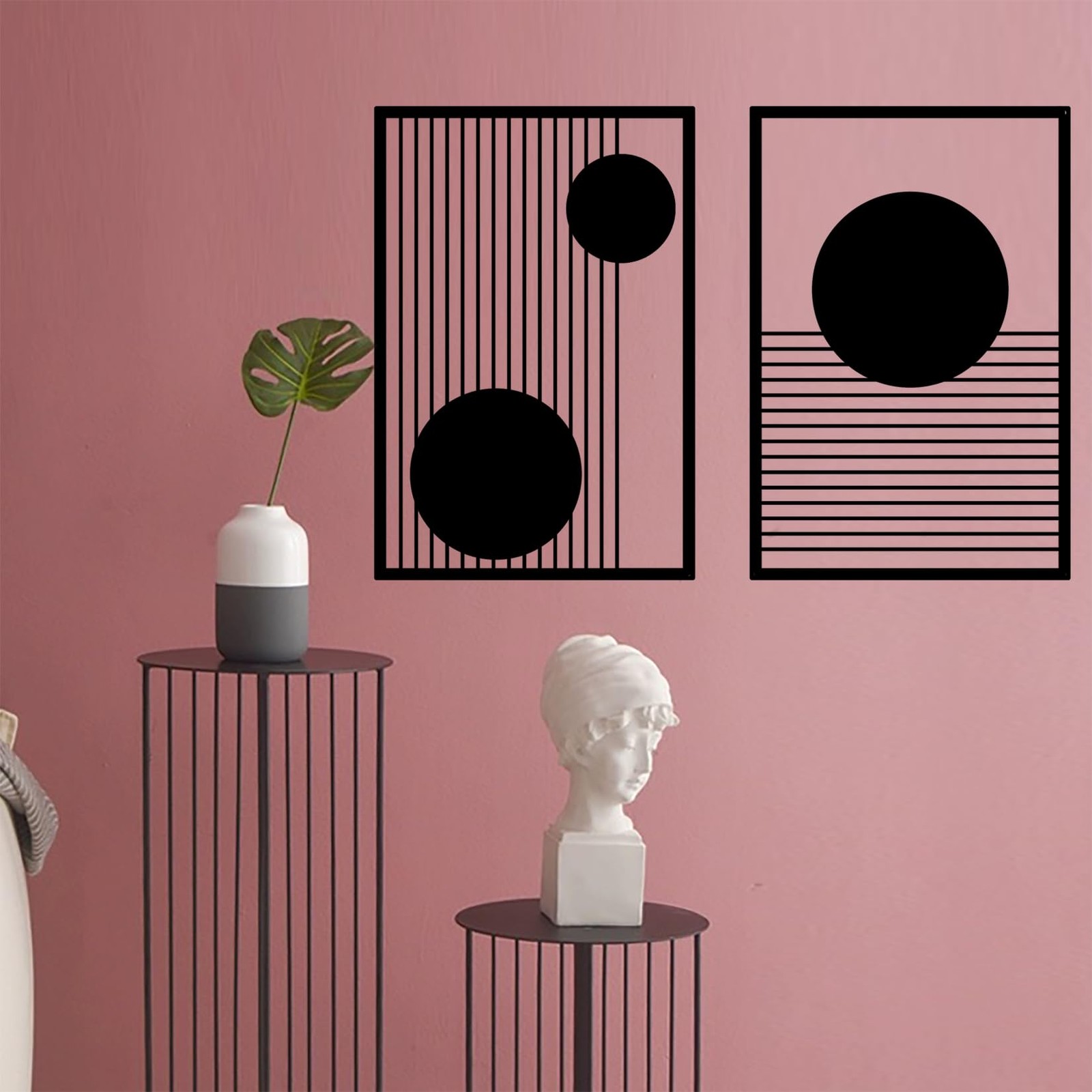 Large 2 Pcs Abstract Metal Wall Art, Black Geometric Decor for Home Office