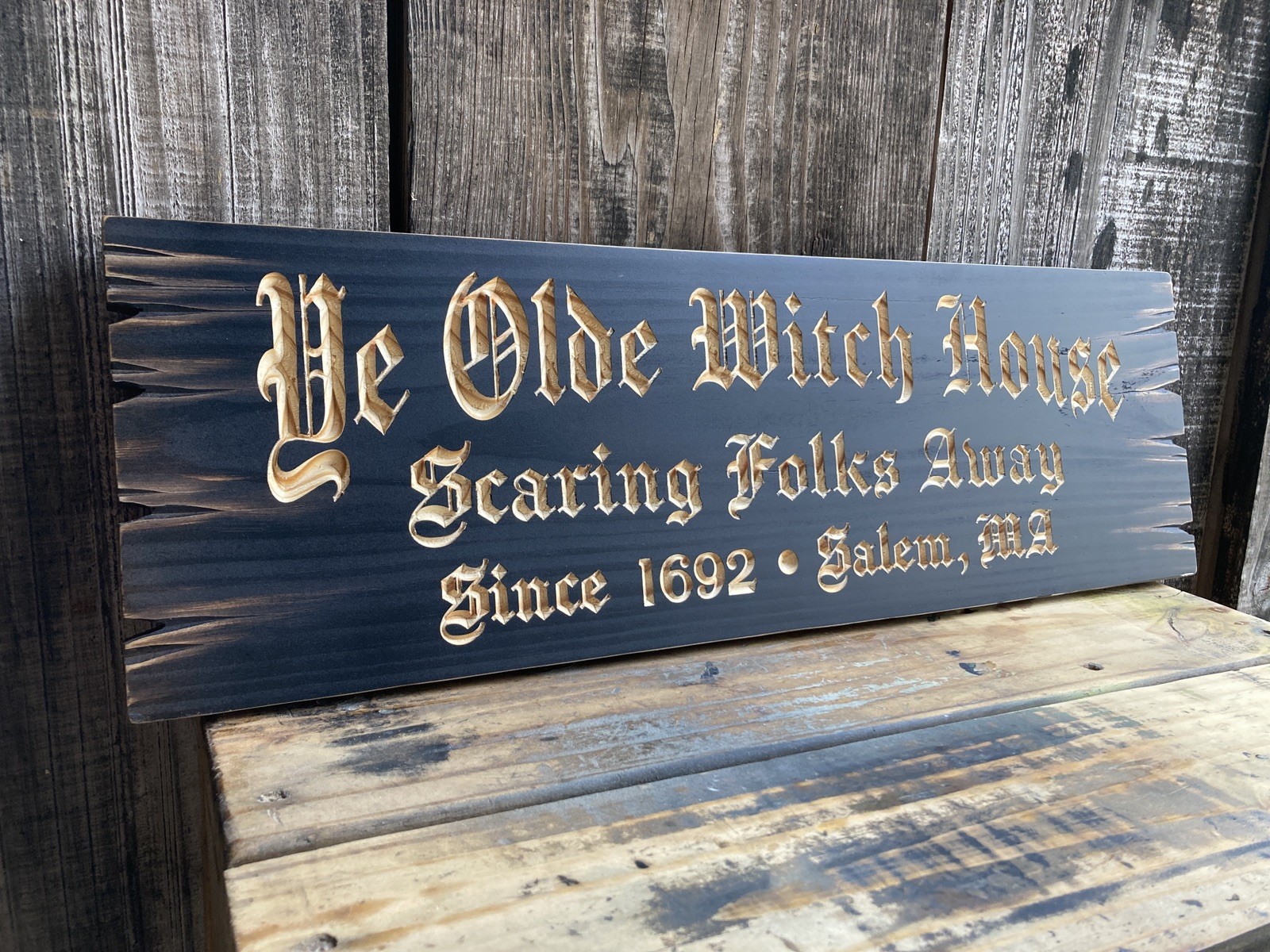 Halloween Salem Witch House Wooden Sign Carved Rustic Antique Look