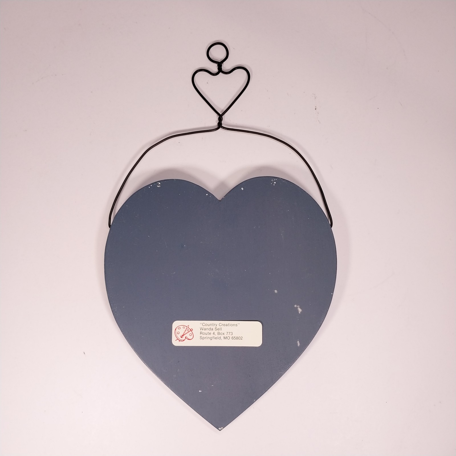 Handpainted Country House on Wooden Heart Plaque Wire Hanger Signed Wanda Sell