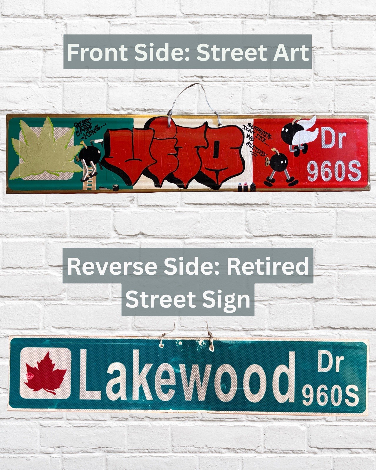 Original Urban Street Art on Metal Street Sign – Upcycled Wall Art Double Sided