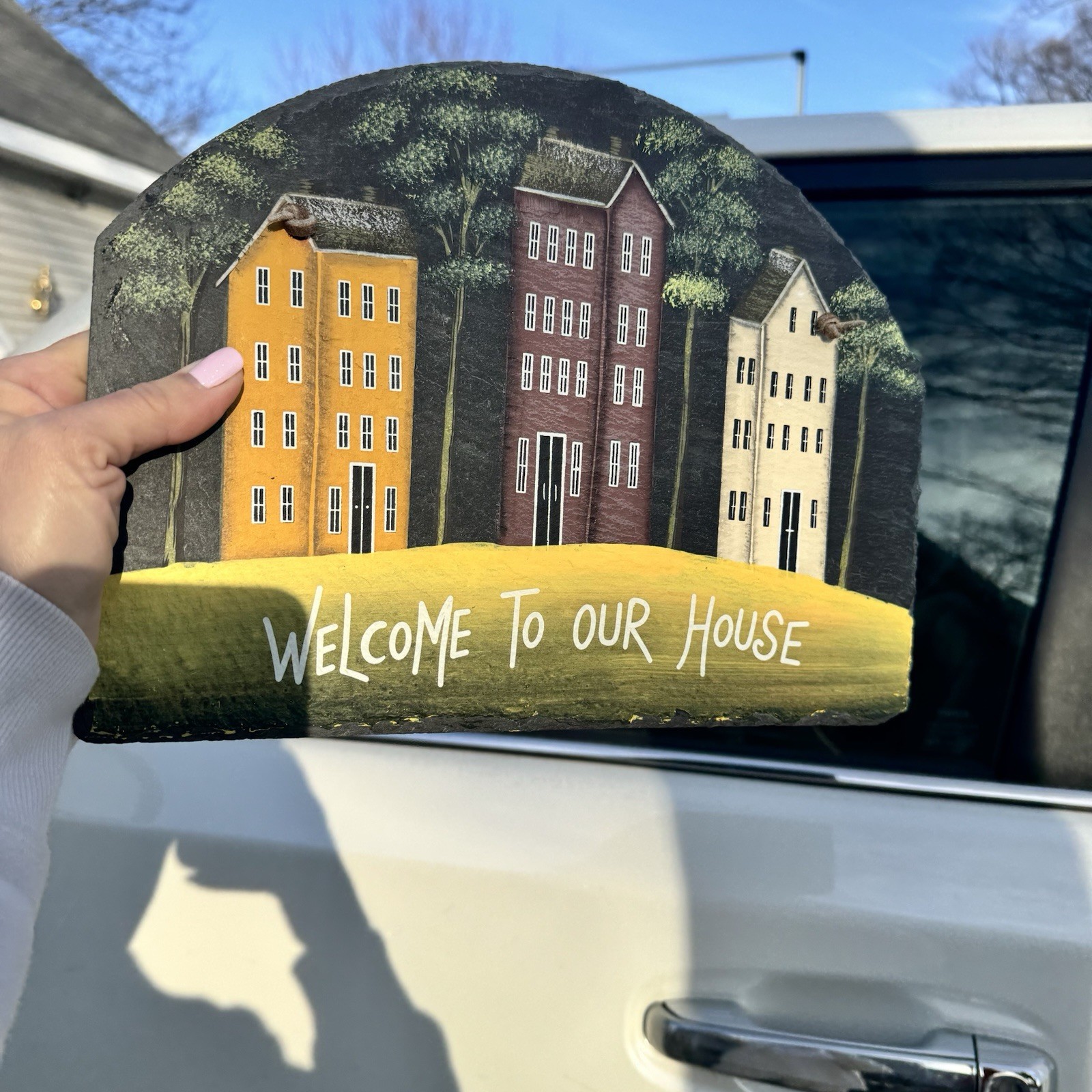 Hand Painted Welcome to Our Home Slate Wall Hanging Leather Strap Cottagecore