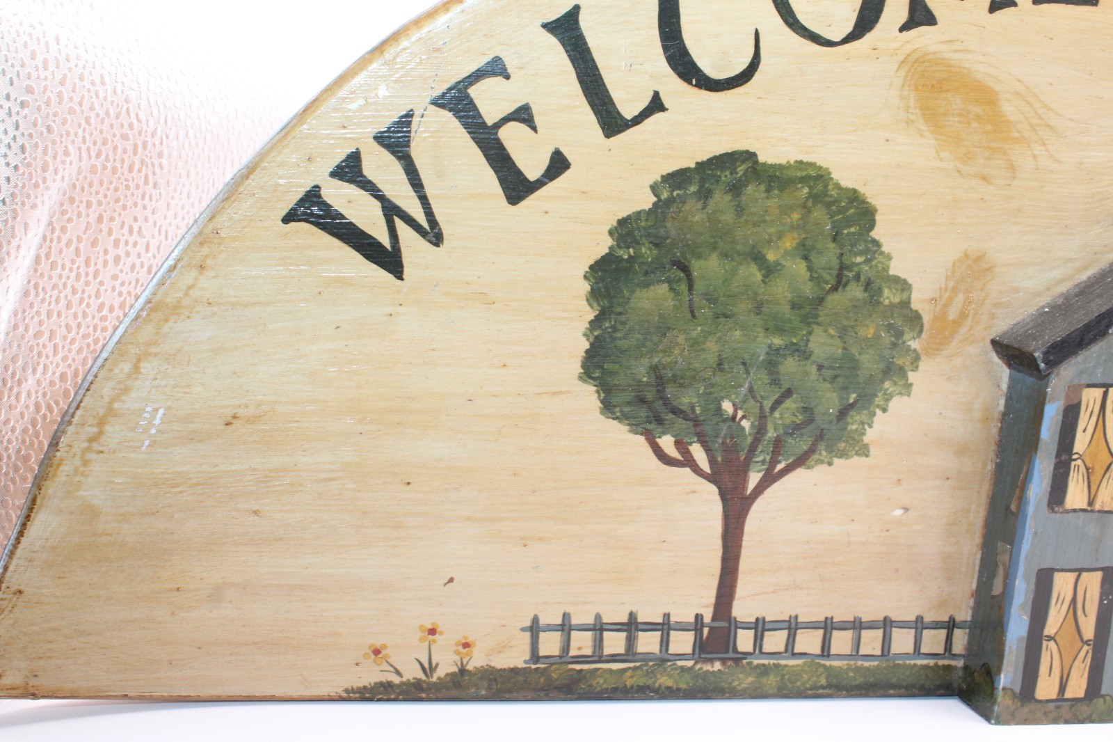 Vintage WELCOME FRIENDS Handcrafted Wood Arched Hand Painted House Sign Plaque