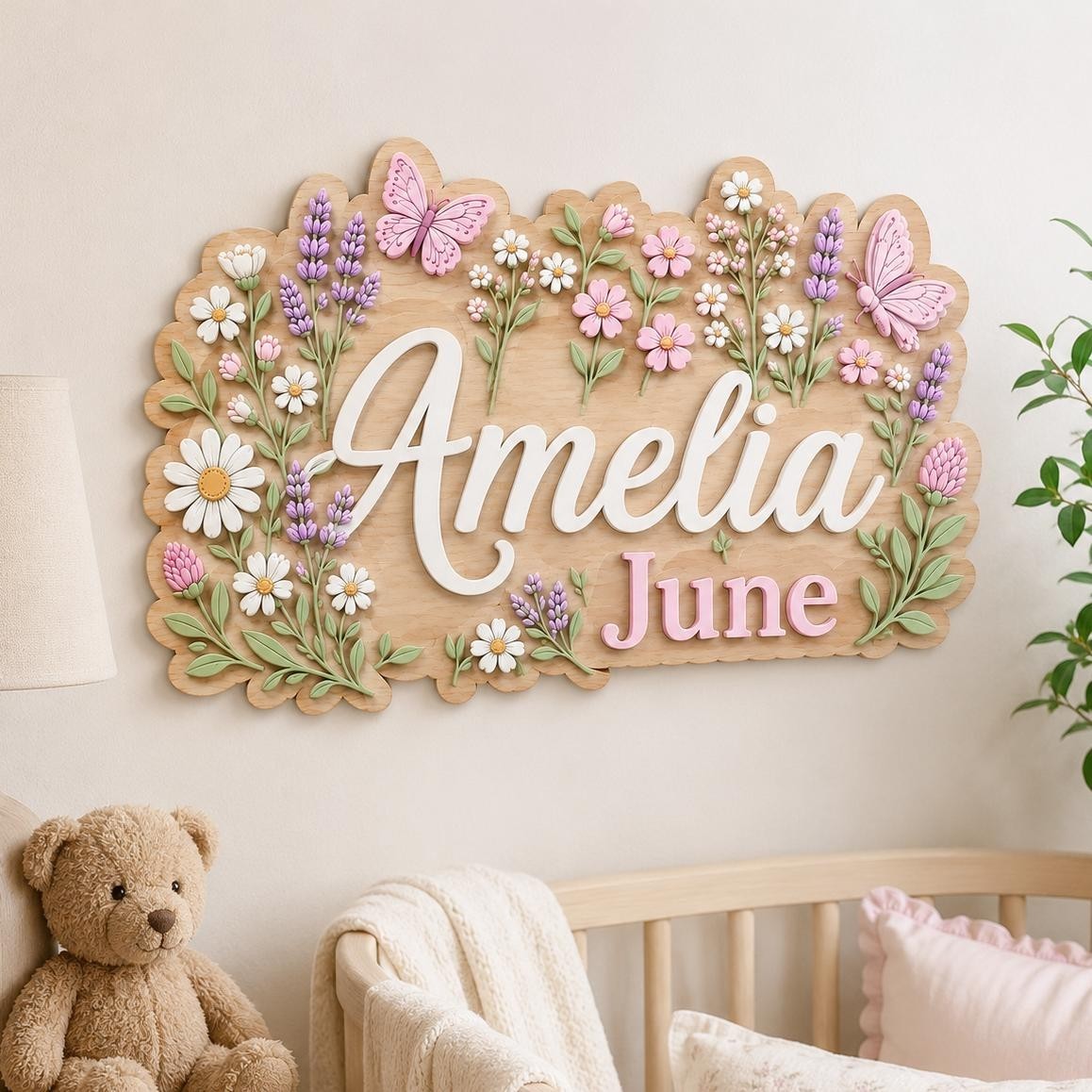 Personalized 3D Wood Name Sign, Floral Butterfly Nursery Decor, Boho Baby Girl