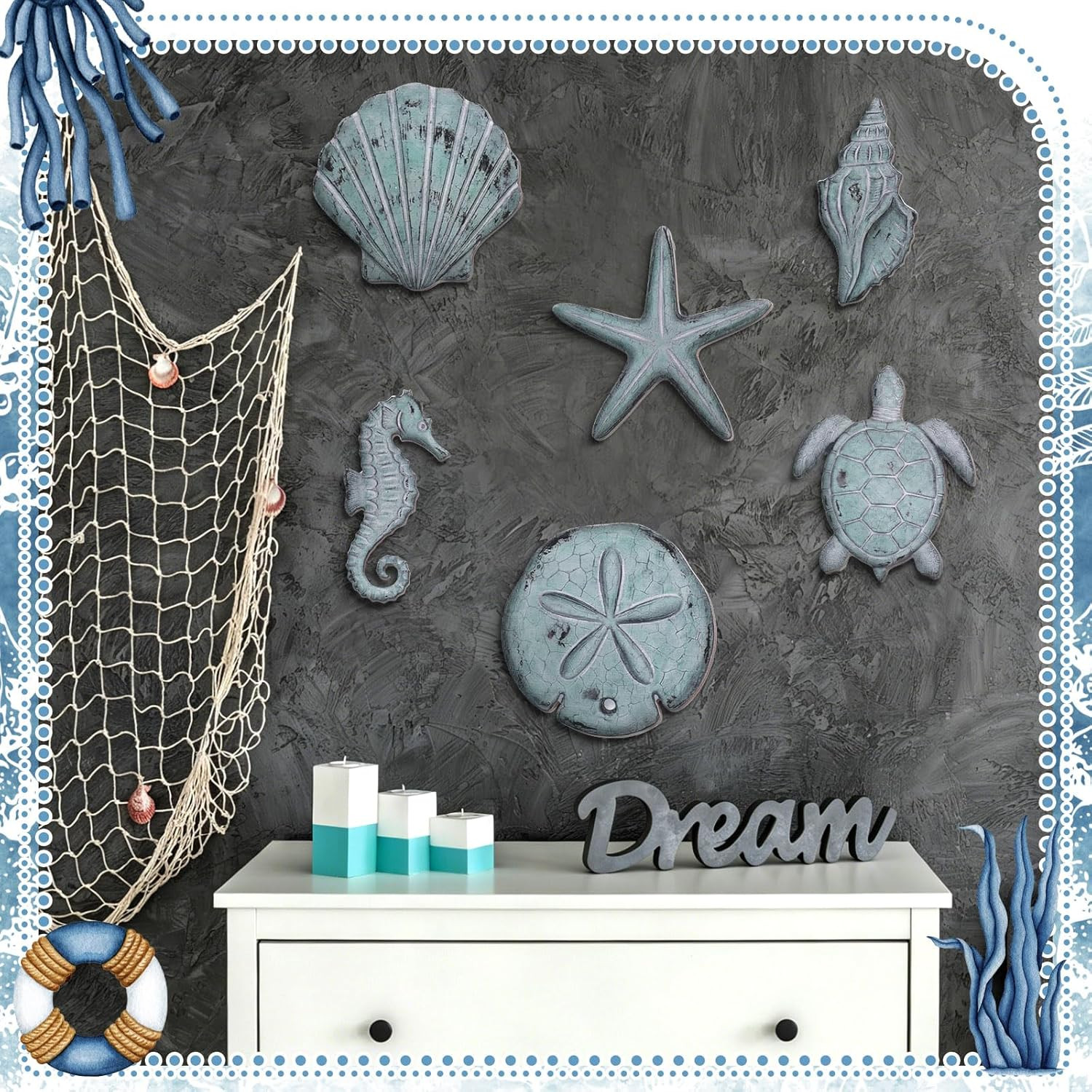 6 Pcs Beach Wall Decor Summer Coastal Ocean Wall Art Vintage Seashell Starfish N
