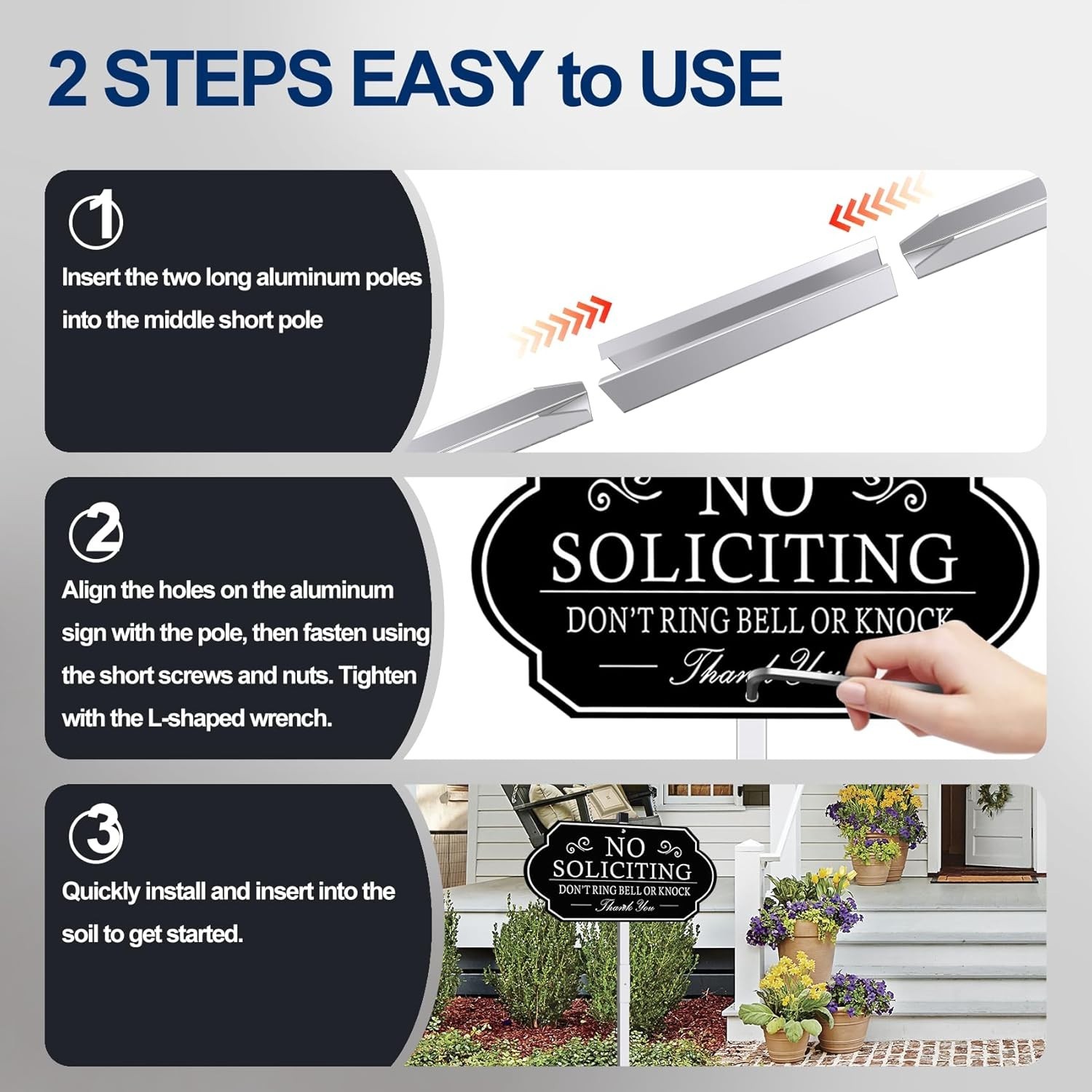 Heavy-Duty No Soliciting Yard Sign 14×7″ – Easy Install & Elegant Design