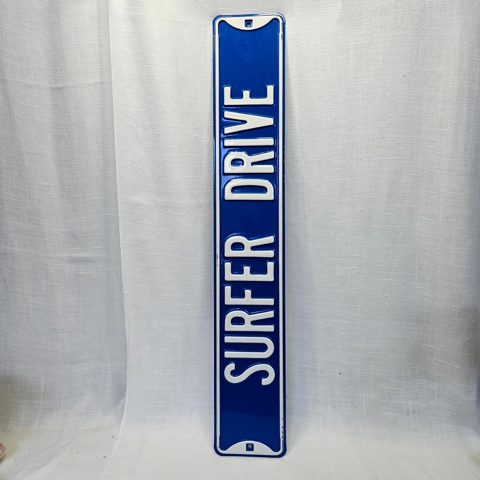 Vintage Surfer Drive Street Sign Metal Embossed Blue White Beach Coastal Decor