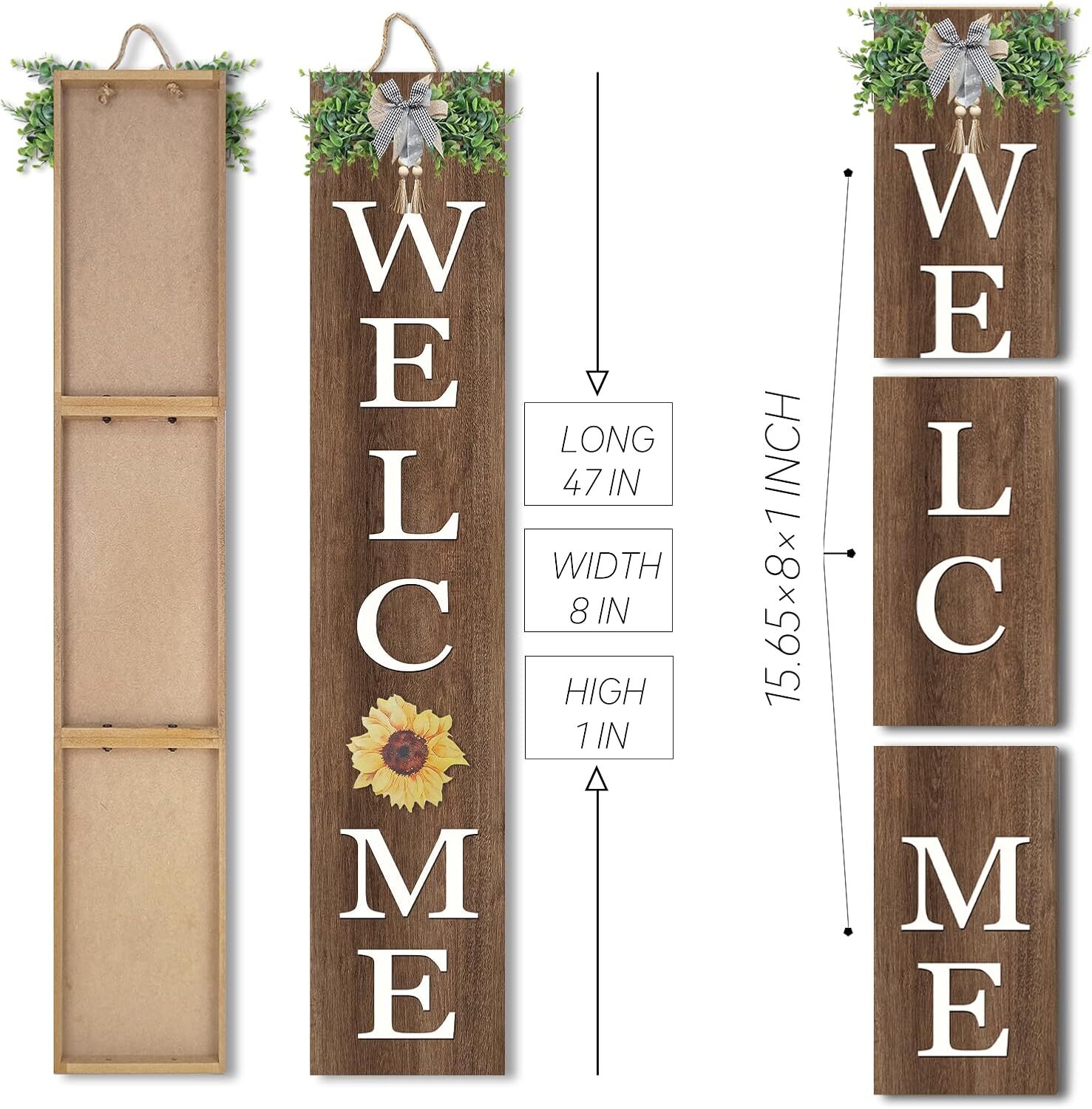 Interchangeable Welcome Sign for Front Porch Standing 47″X8″ Outdoor Large Wood
