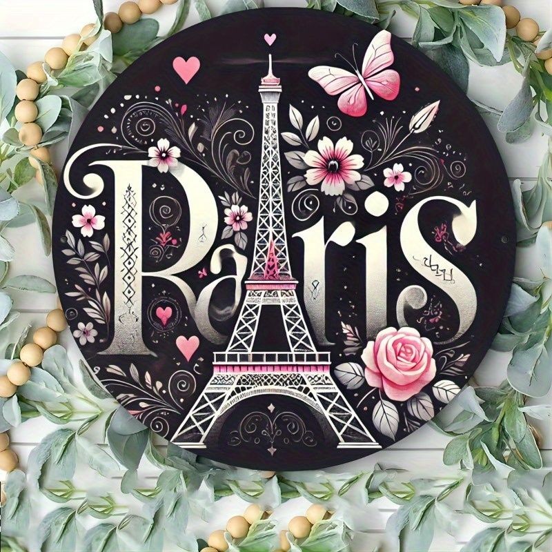 Round Paris Eiffel Tower Metal Sign Floral Butterfly Wall Hanging Decoration