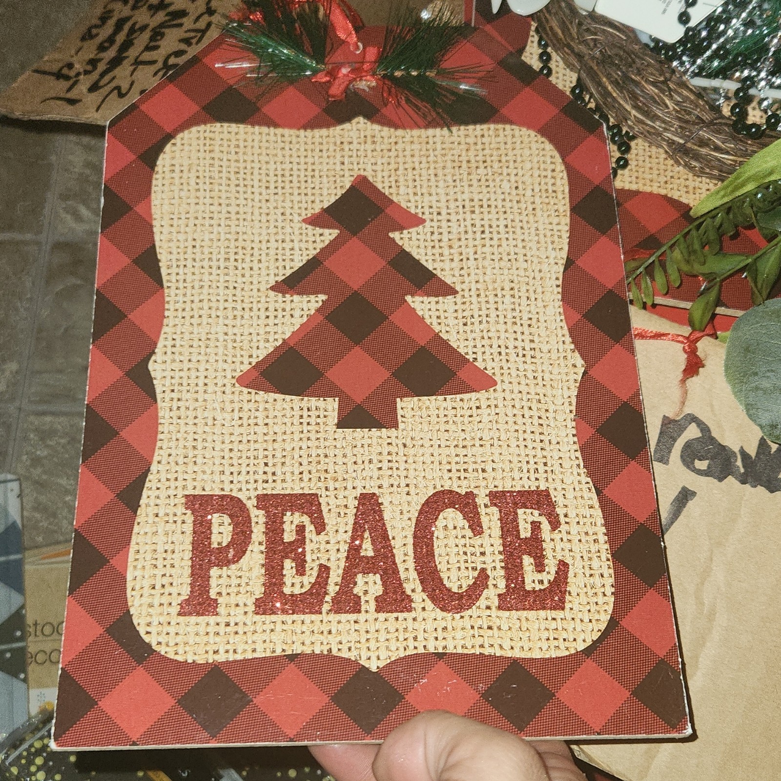 Rustic Christmas Peace Wood Plaque, Red/Black Plaid Tree, Vertical Rectangle
