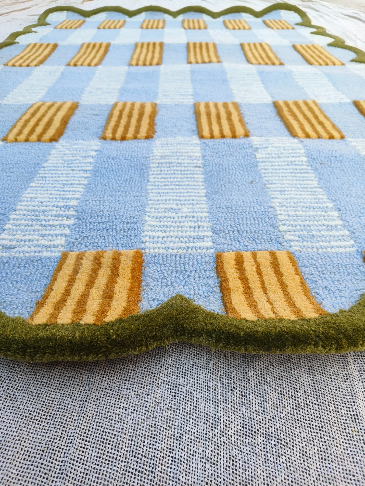 Handmade Wool Tufted Rug Mustard Blue | Modern Geometric Carpet Cozy Home Decors