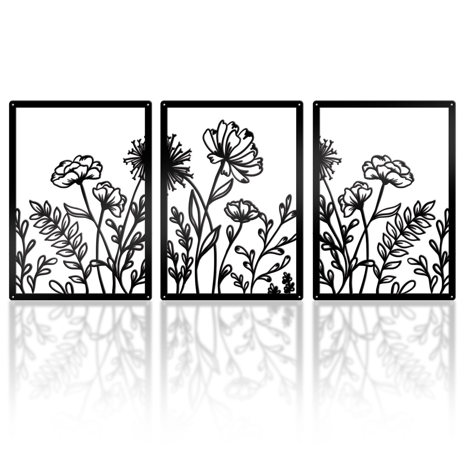 3 PCS Medium Black Metal Flower Line Sculpture Minimalist Wall Art Home Decor
