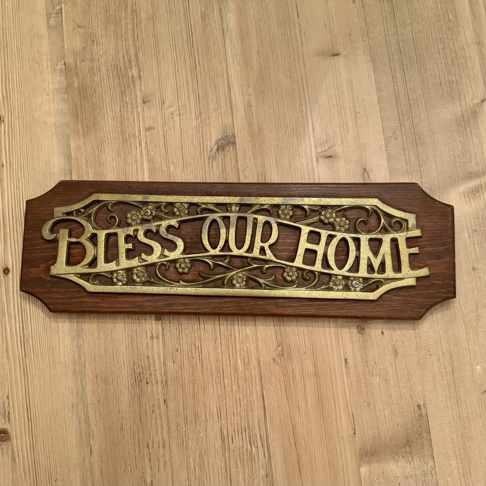 Vintage Bless Our Home Plaque Brass Toned Cast Metal On Solid Wood 17×5 1/4 In
