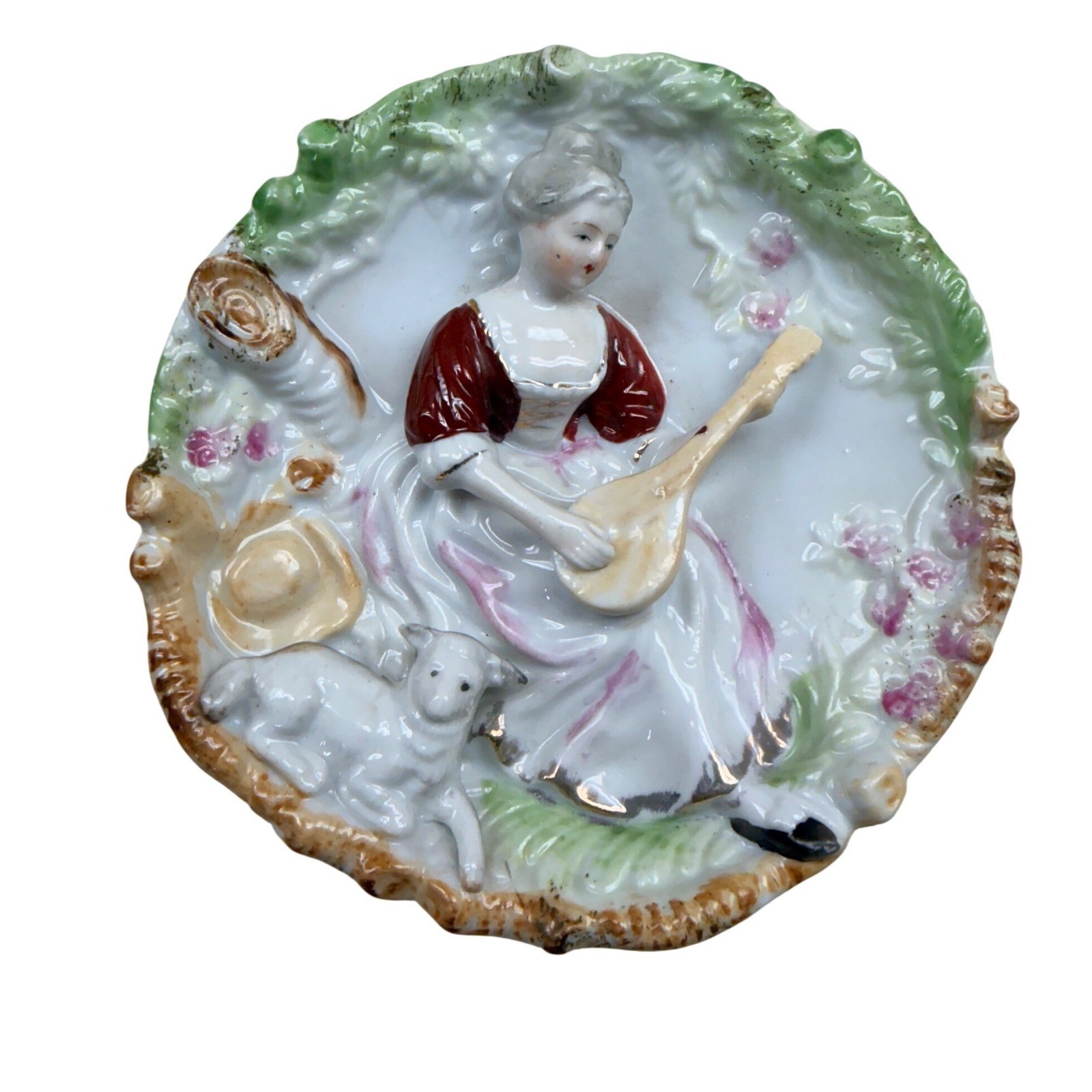 Vintage Porcelain 3D Relief Wall Plaques Set 2 6″ Multicolor Pastoral Figures