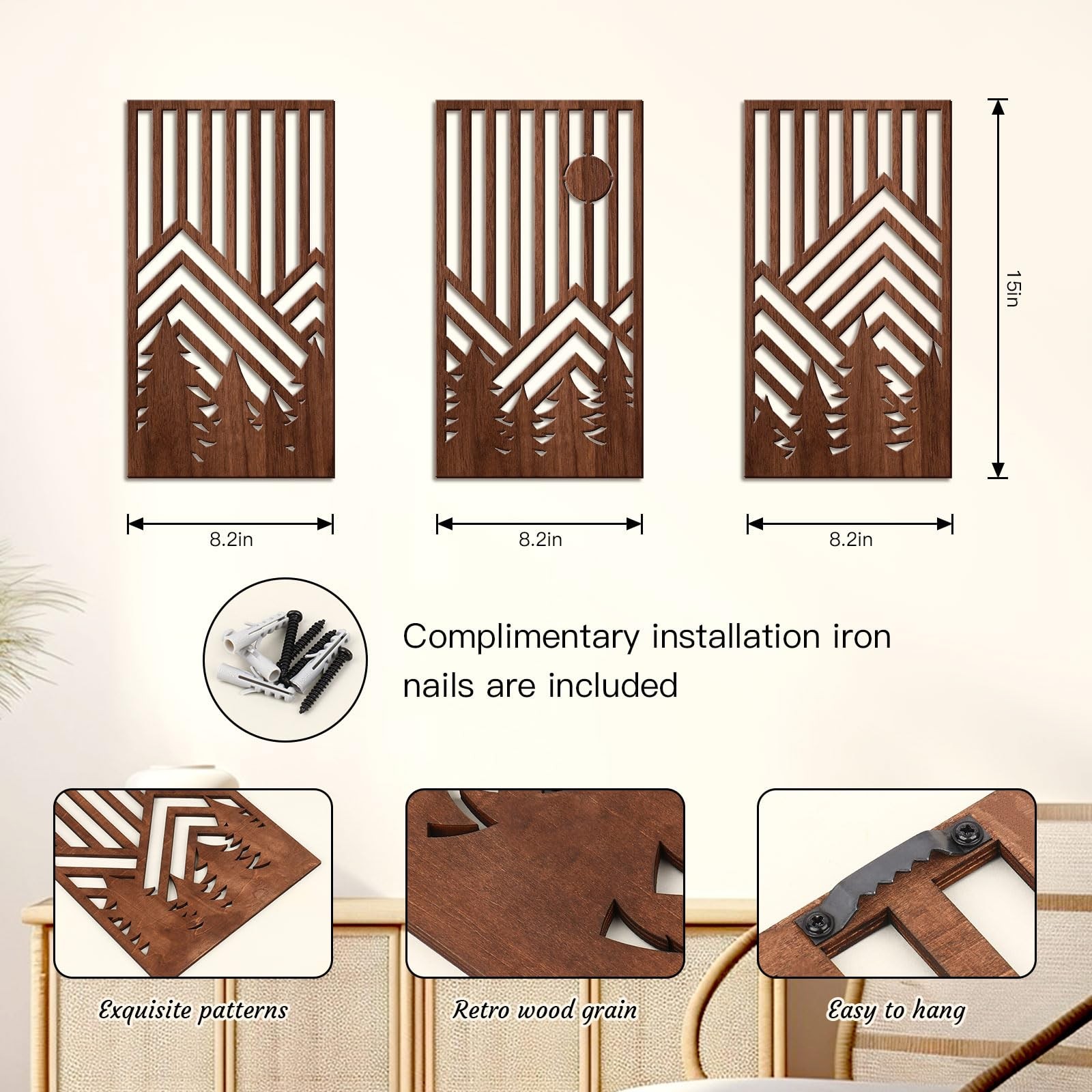 3 Piece Wood Large Mountain Wall Decor Art for Living Room, Bedroom, Office M…
