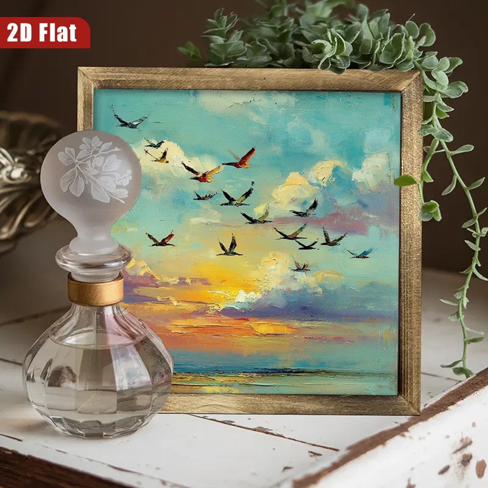 Soft Sunset Sky Flying Seabirds Oil Art Framed Wooden Plaque Home Decor Gift