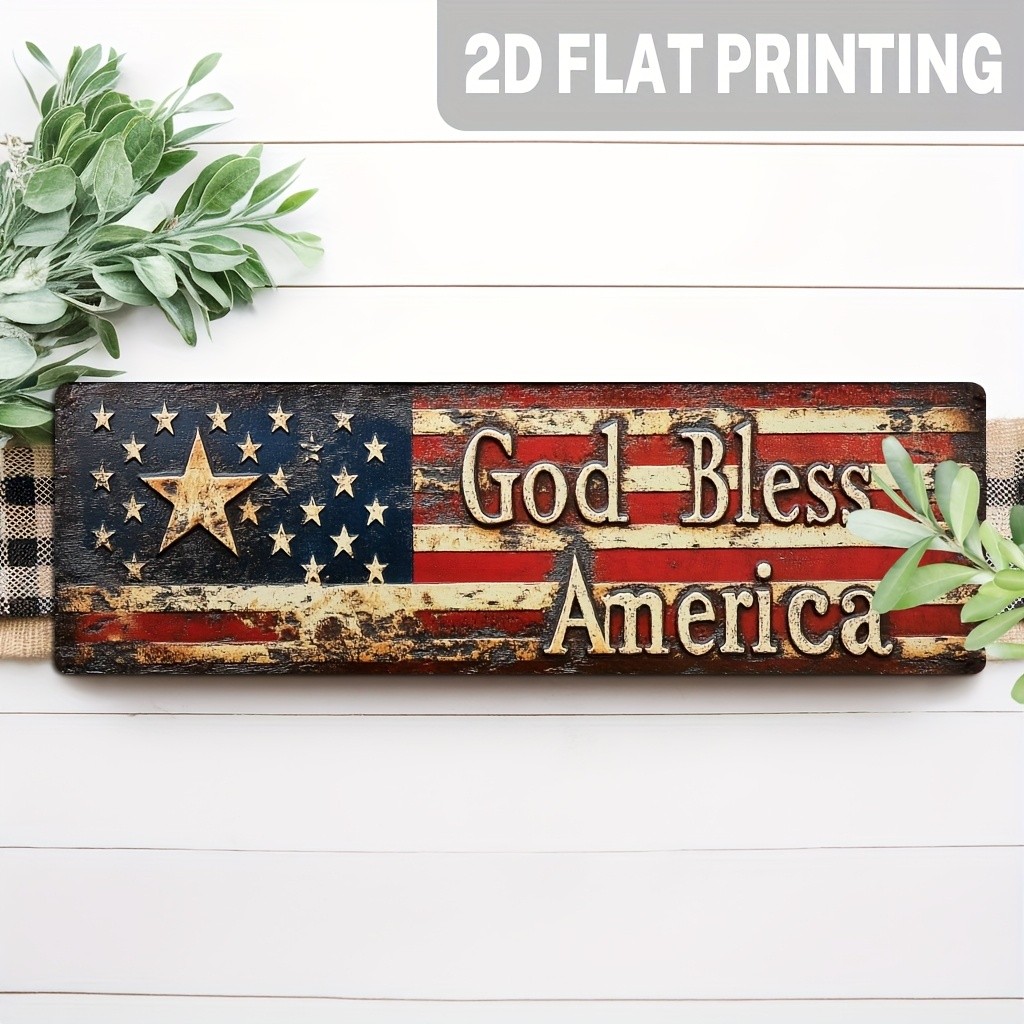 Patriotic God Bless America Flag Metal Sign Rustic Farmhouse Wall Bar Decor Gift