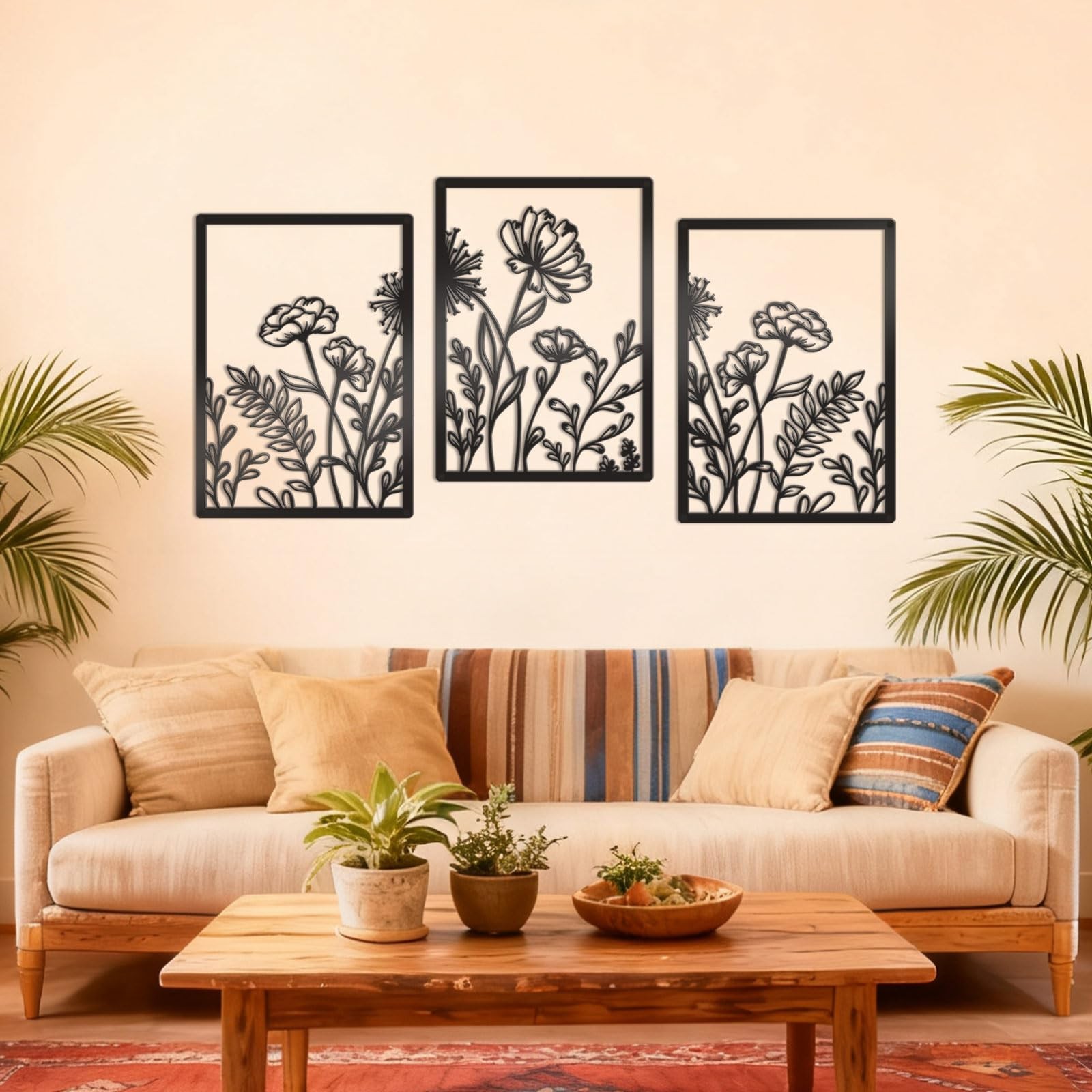 3 PCS Black Metal Wall Art Flower Line Minimalist Decor Symmetric Medium