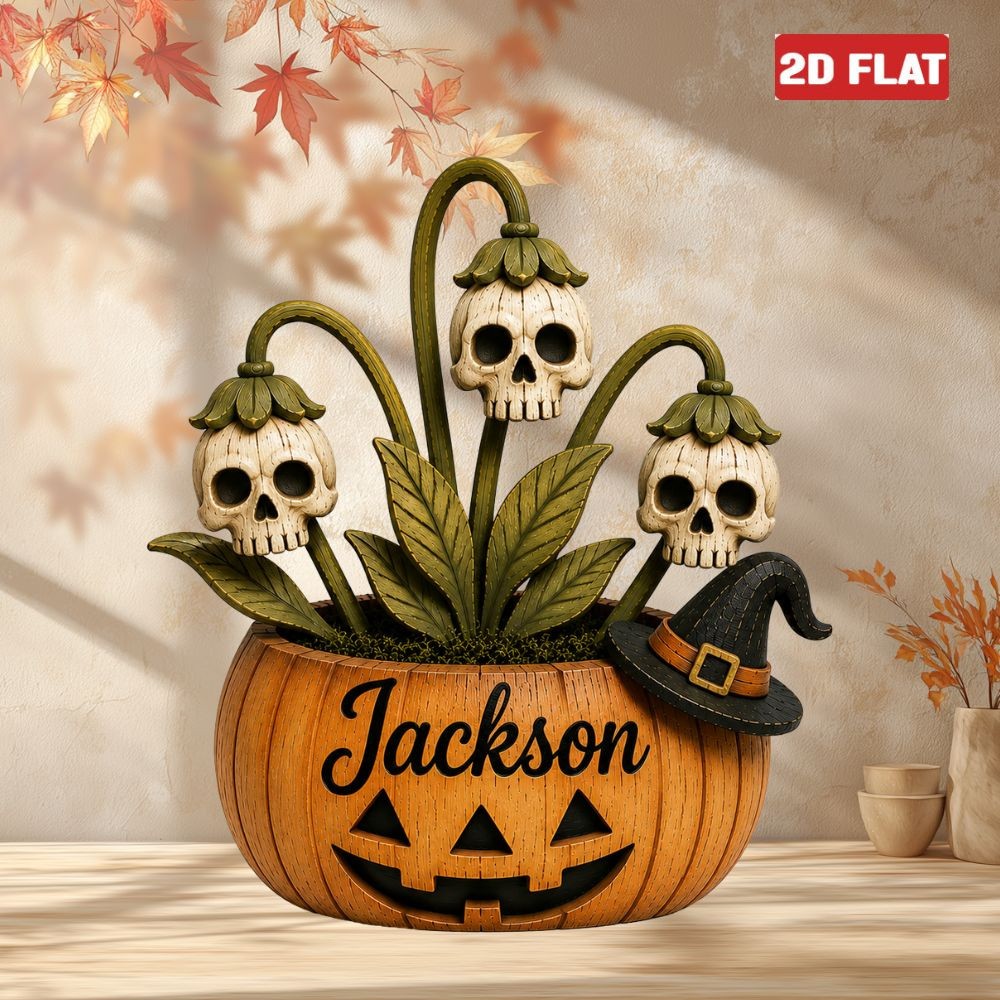 Custom Halloween Pumpkin Skull 2D FLAT Wood Block Spooky Ghost Pumpkin Decor