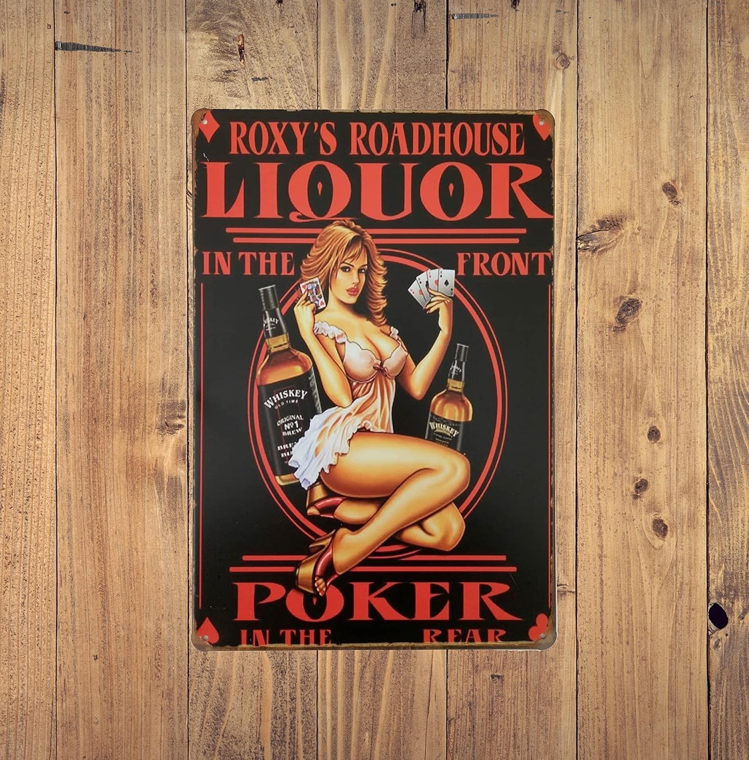 Vintage Style Whiskey Liquor Poker Girl Metal Sign 12×8 Inches for Decor