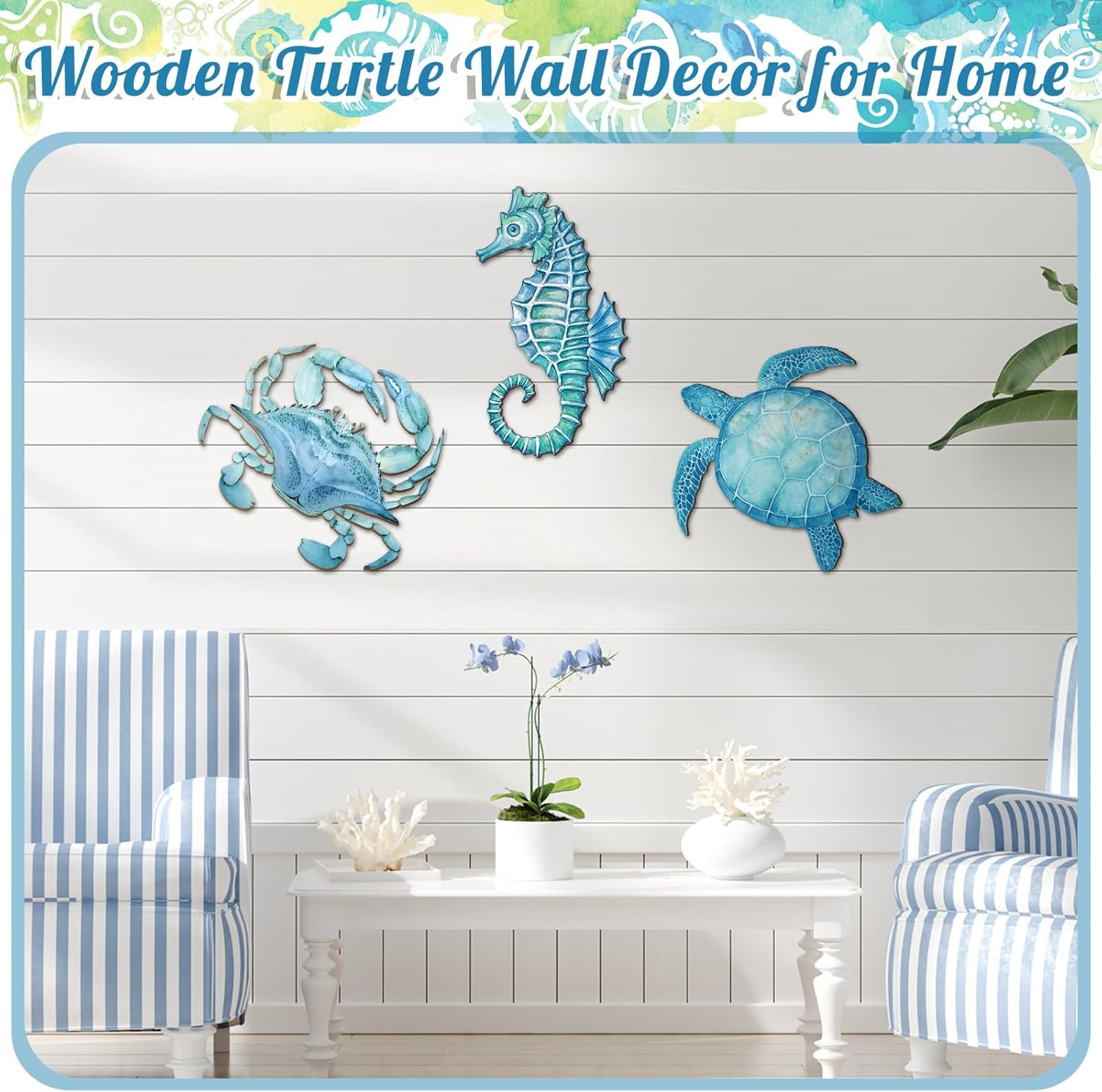 3 Pcs Summer Coastal Wall Decor Bathroom Beach Blue Wall Art Sea Turtle Surfboar