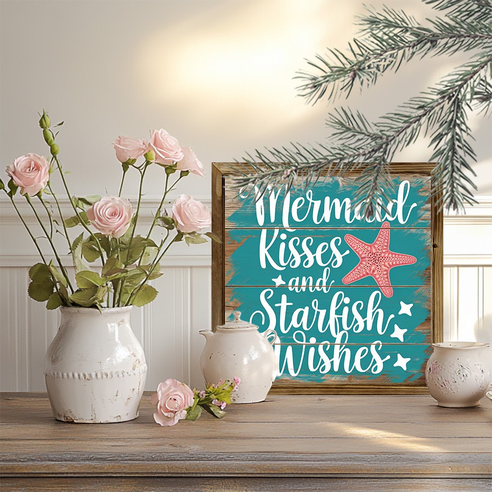 2D Coastal “Mermaid Kisses & Starfish Wishes” Wooden Wall Sign Beach House Decor