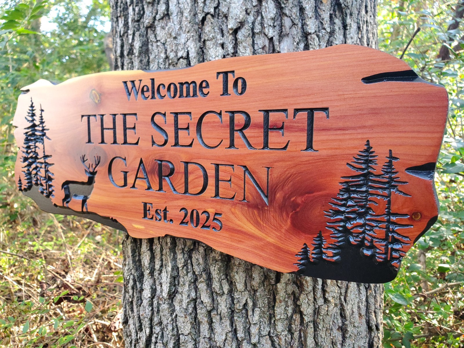 Custom Dear Sign Carved Wood Name Mountain Lake Home House Outdoor Plaque