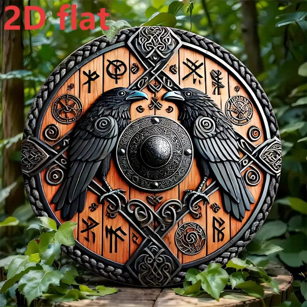8in Viking Shield Metal Sign Norse Raven Wall Art Rune Decor Odin Huginn