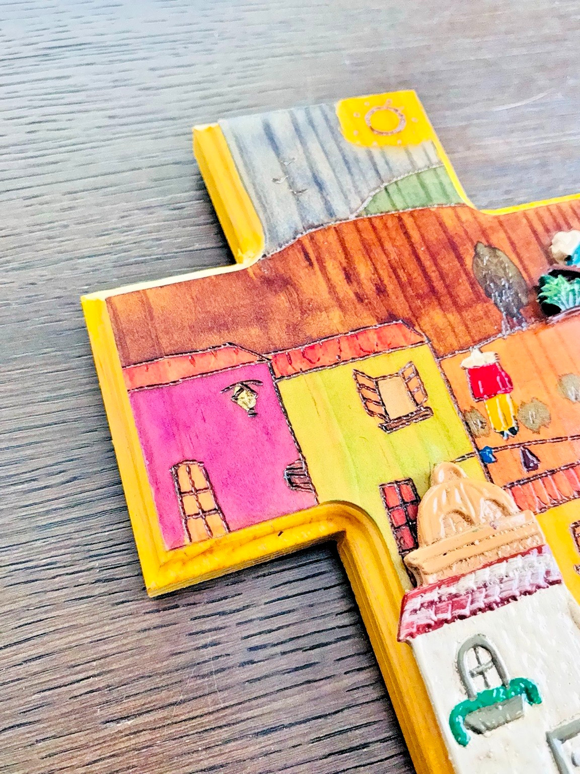 Handmade Peruvian Folk Art Wooden Cross Wall Hanging Set of 3 Village Scene