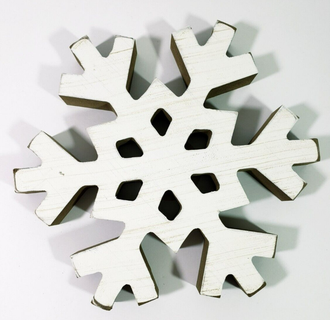 Snowflake White Shabby Wood Cutout Free Standing Lg 8 in Set of 2 Christmas NWT