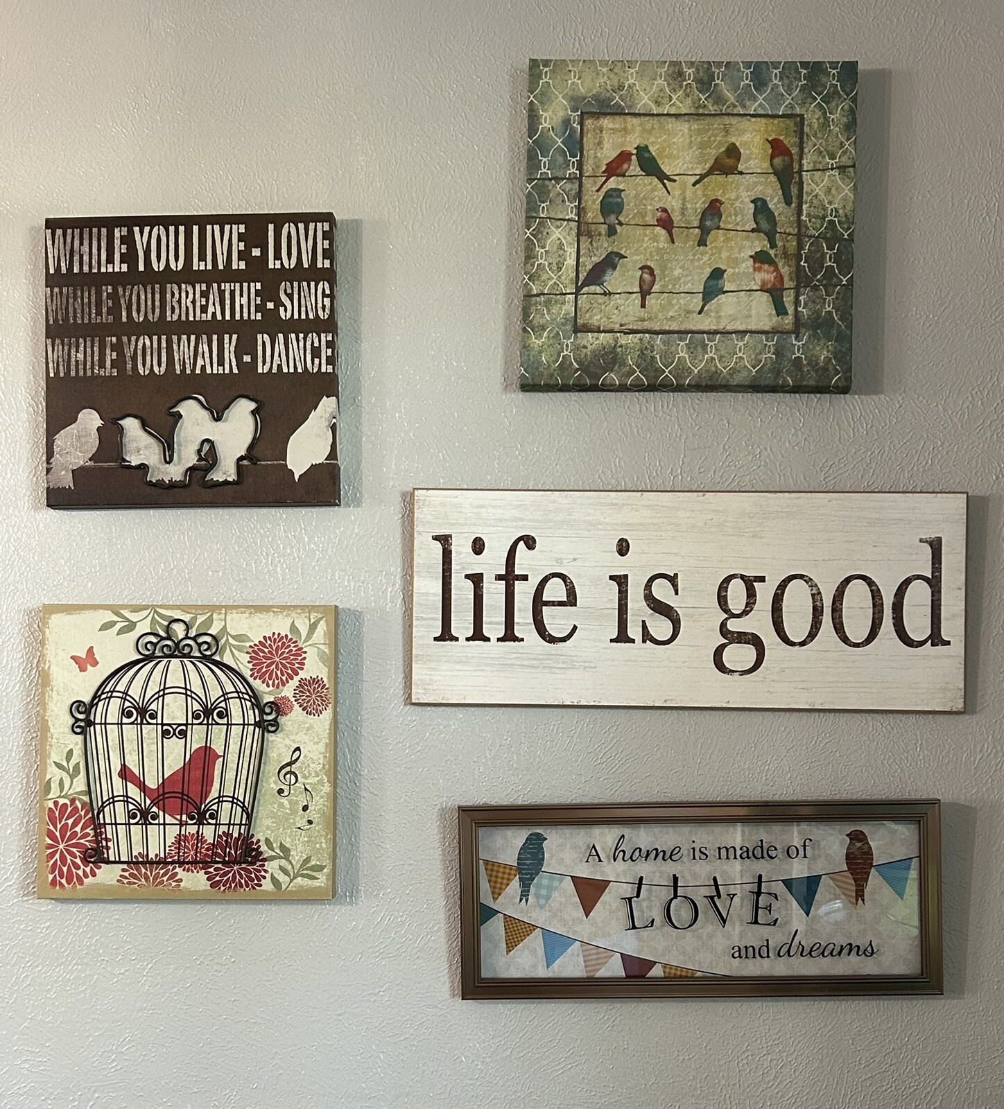 Picture Decor Lot X5 Birds Colorful Life Is Good 12×12, 10.5×10.2, 20×8, 17×7