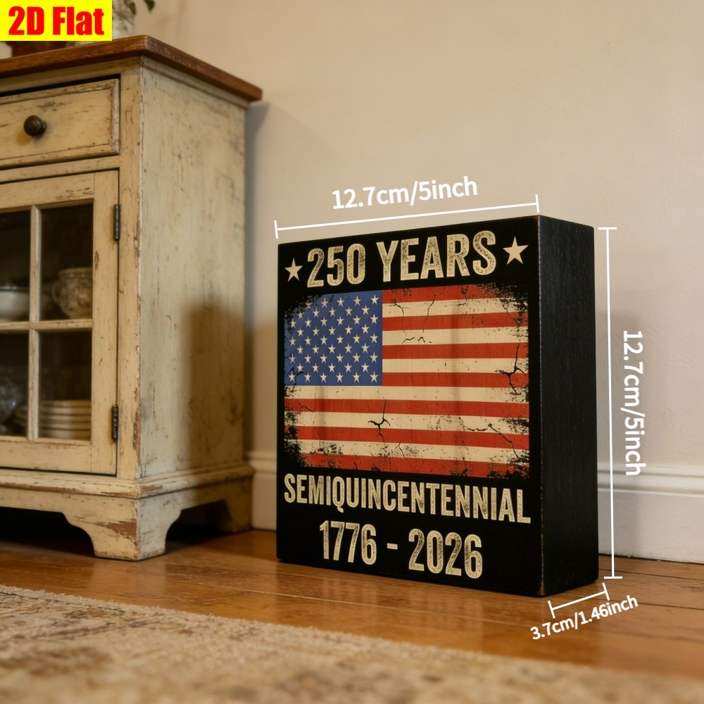 America 250th Independence Day Wooden Box Sign Vintage Flag Desktop Shelf Decor