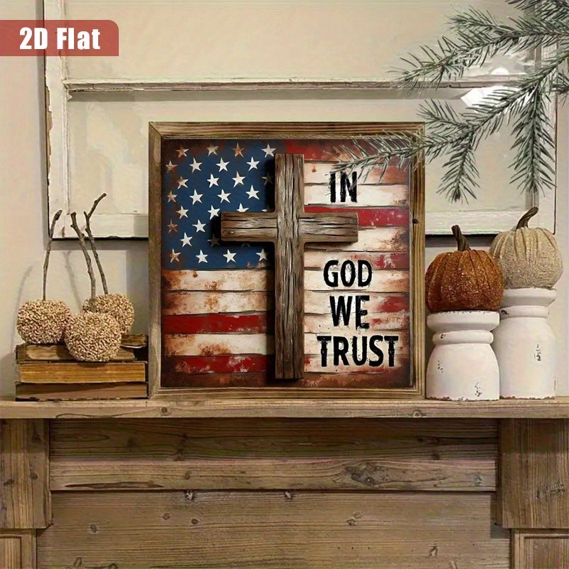 In God We Trust Patriotic Wooden Plaque 4th of July Cross American Flag Decor