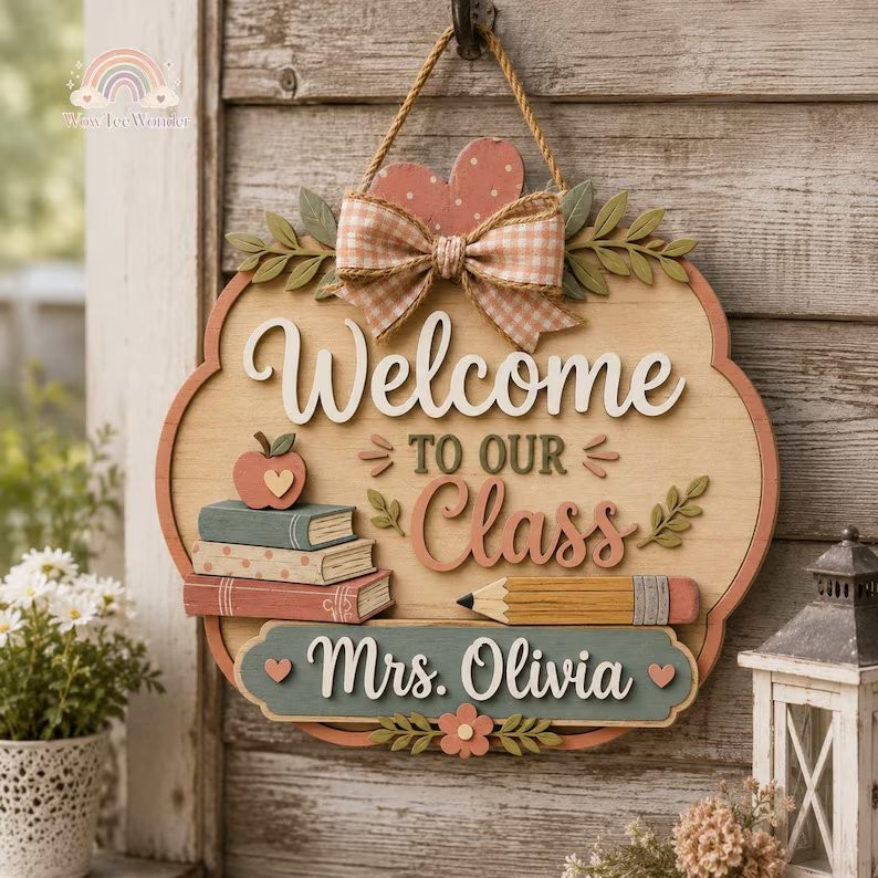 Personalized Teacher Wooden Door Sign, Custom Name Classroom Decor