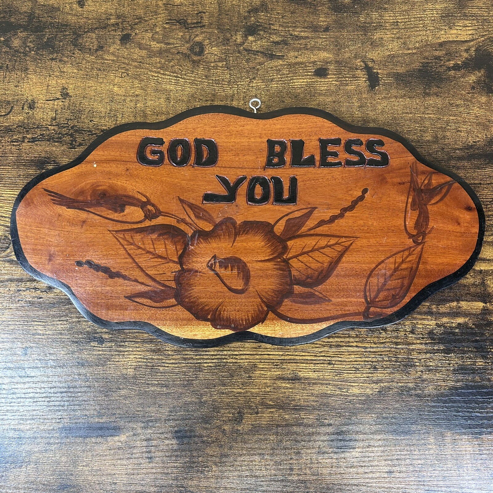 Vintage Wood Sign For Hanging Outside “God Bless You” Folk Art 15”x 8” Handmade