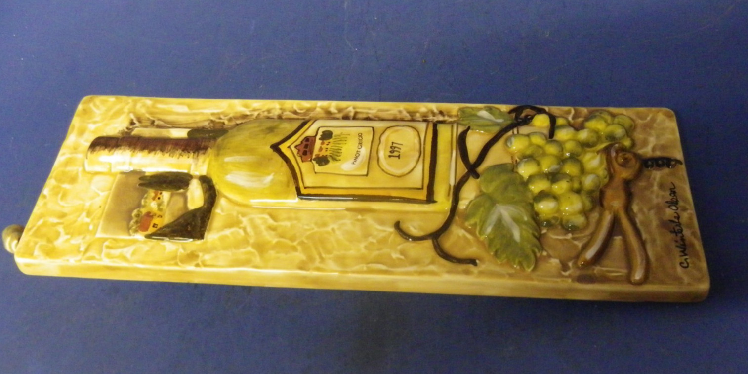Wall Art 3D Plaque Glossy Ceramic Wine /Grapes Signed C. Winterle Olson 12″ x 4