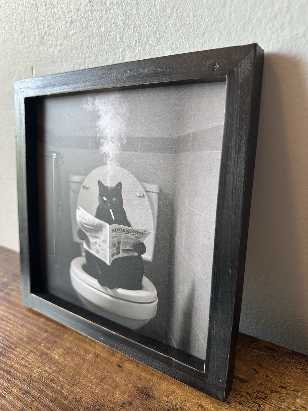 Framed Wooden Black Cat on Toilet Smoking Cigarette Reading Black & White NEW