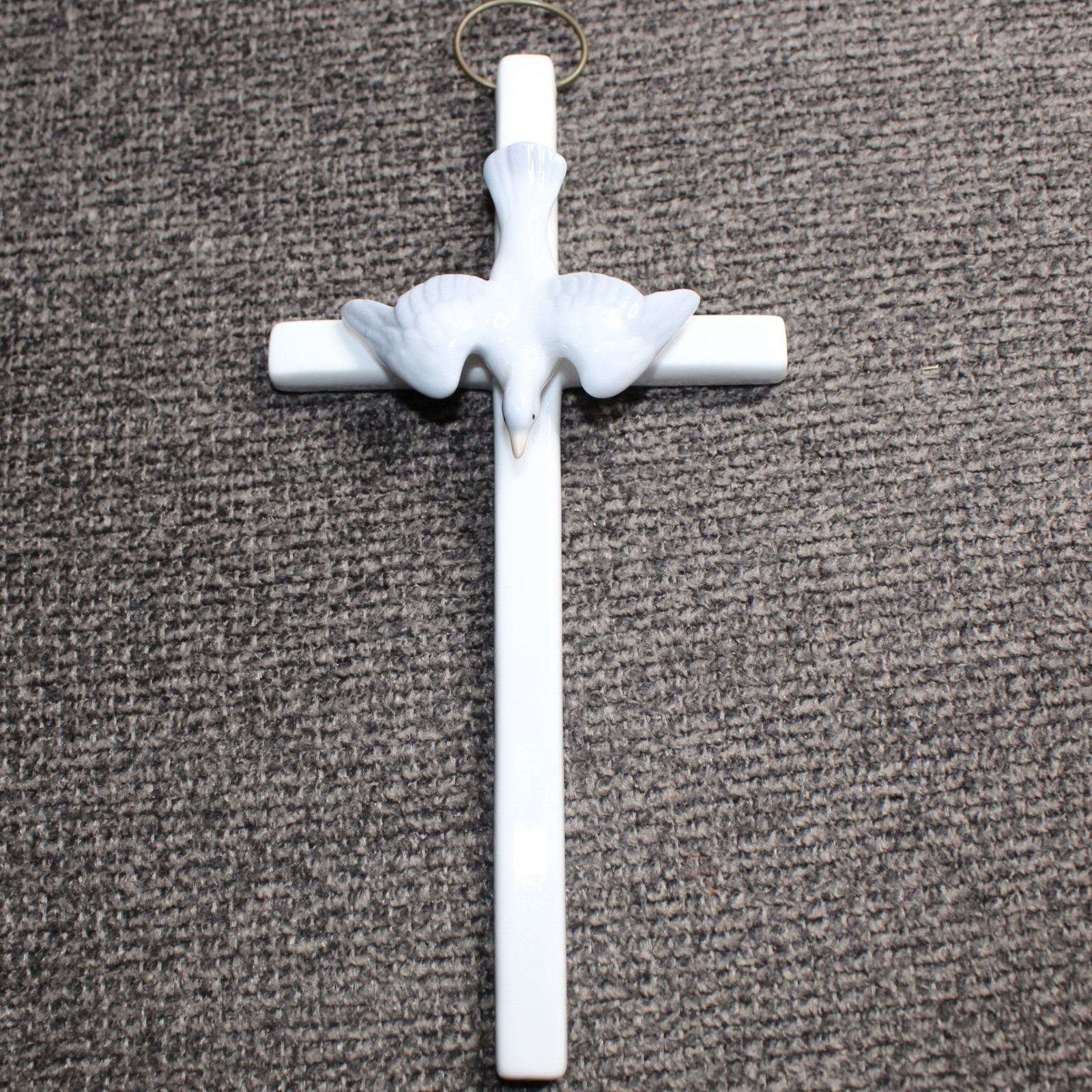 Vintage White Porcelain Cross Wall Hanging Dove Holy Spirit Religious Decor