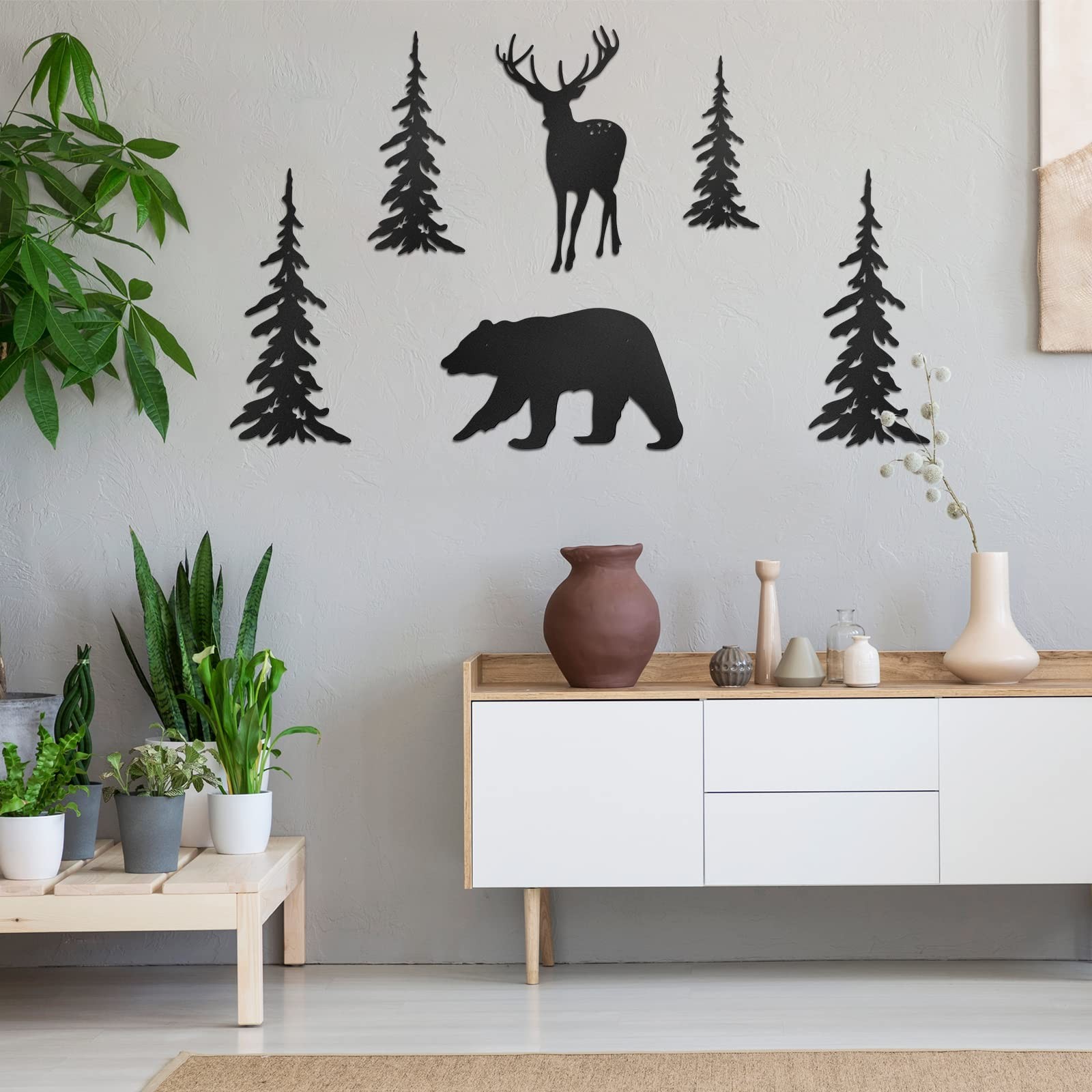 6 Pcs Metal Pine Tree Wall Art – Black Pine Tree Deer Bear Art Wall Decor for…