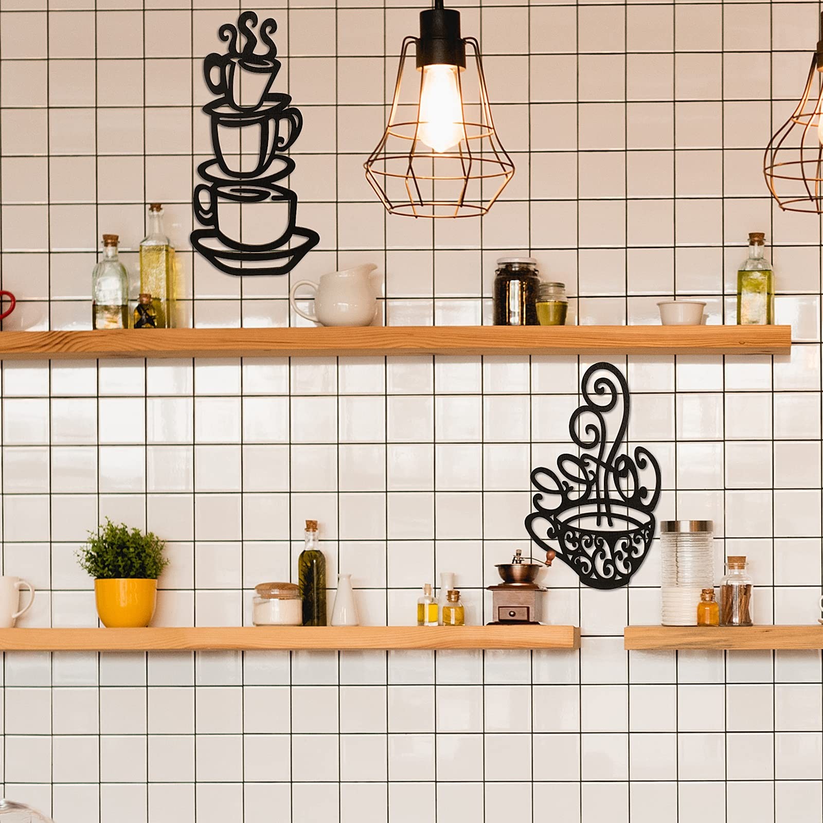 Jetec 2 Pieces Coffee Wall Decor Black Cup Silhouette Kitchen Wall Art Decor Cof