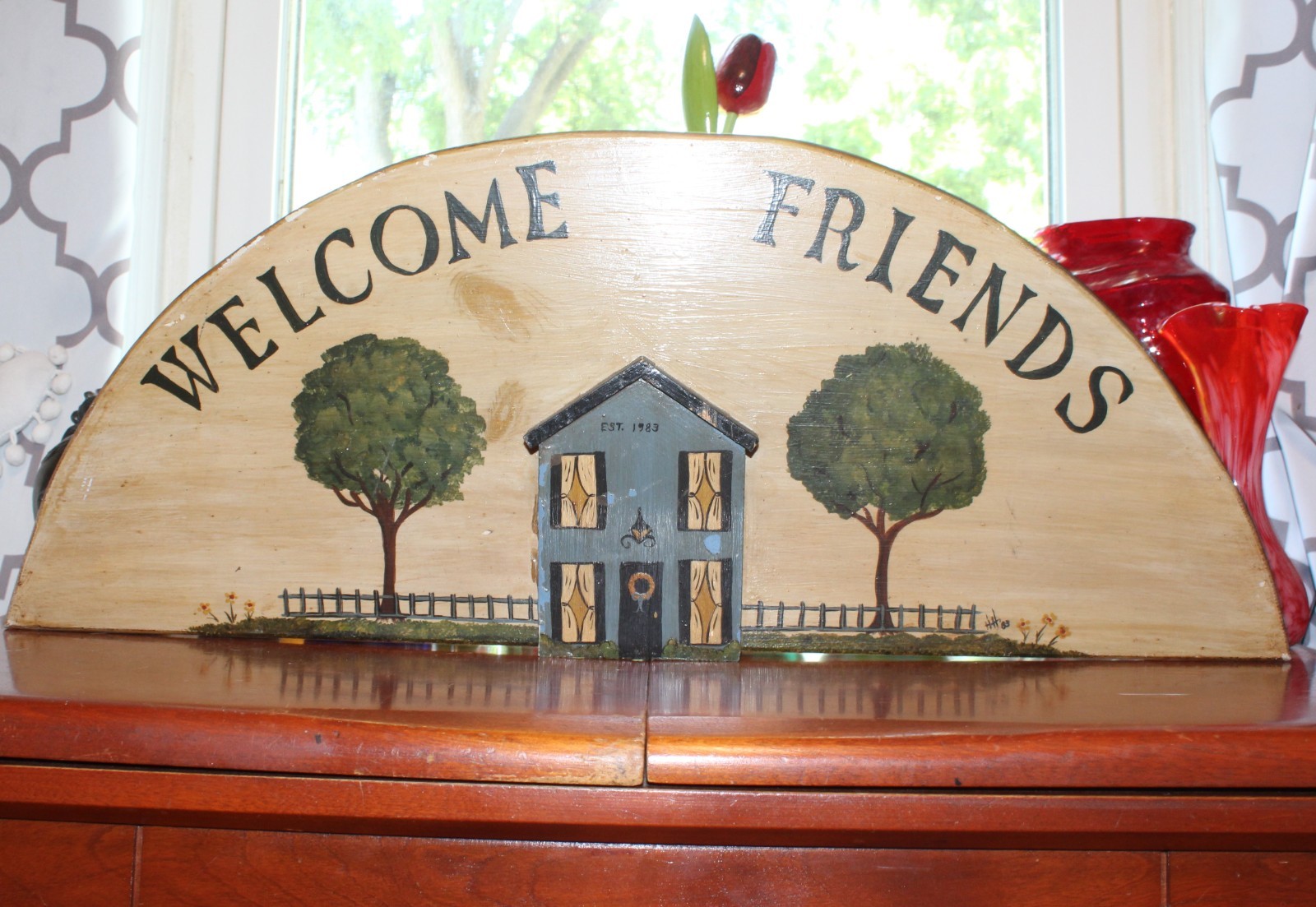 Vintage WELCOME FRIENDS Handcrafted Wood Arched Hand Painted House Sign Plaque