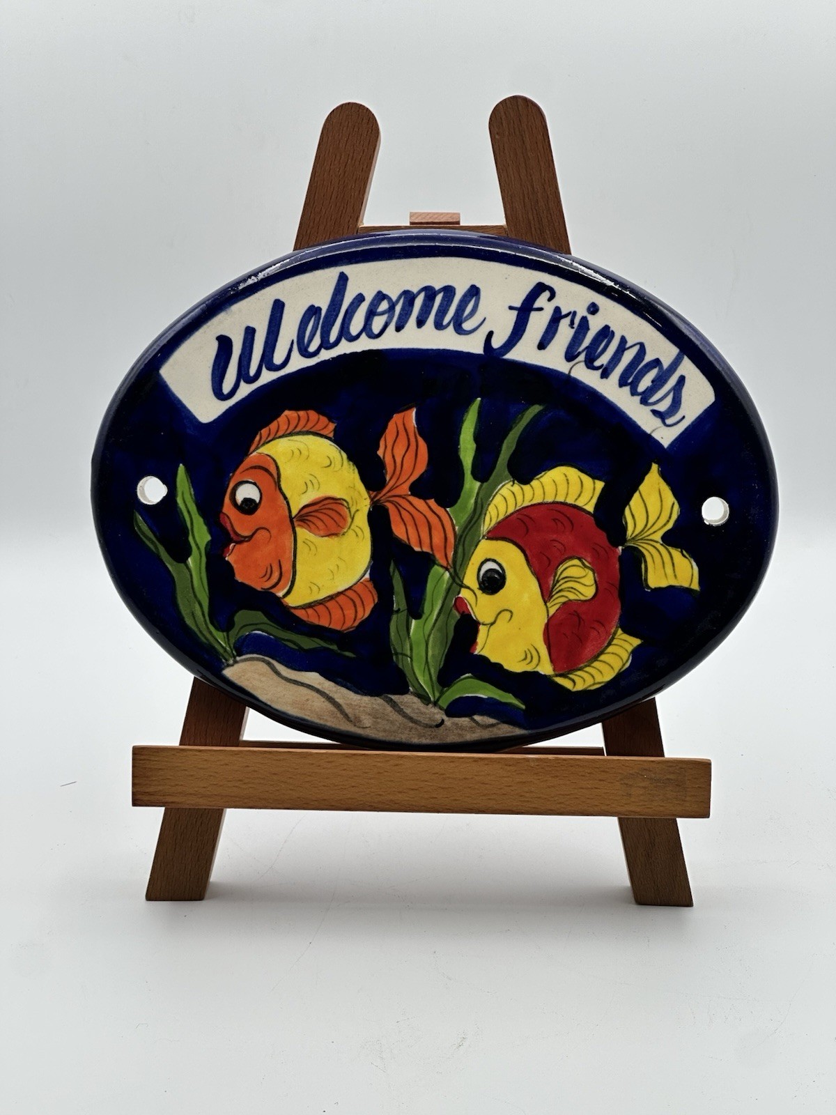 Welcome Friends Tile Hand Painted Fish Scene Oval