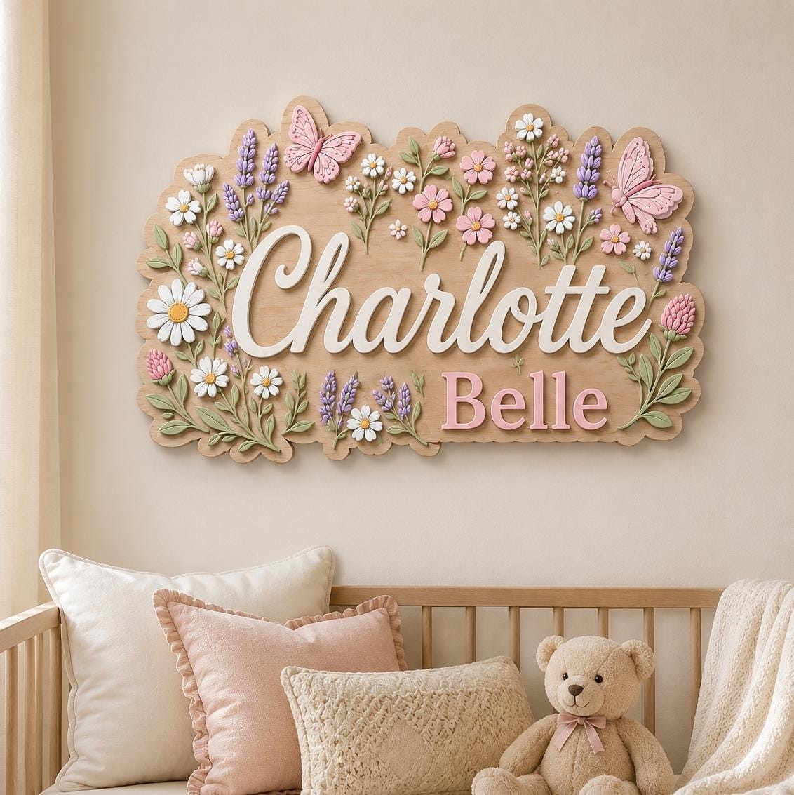 Personalized 3D Wood Name Sign, Floral Butterfly Nursery Decor, Boho Baby Girl