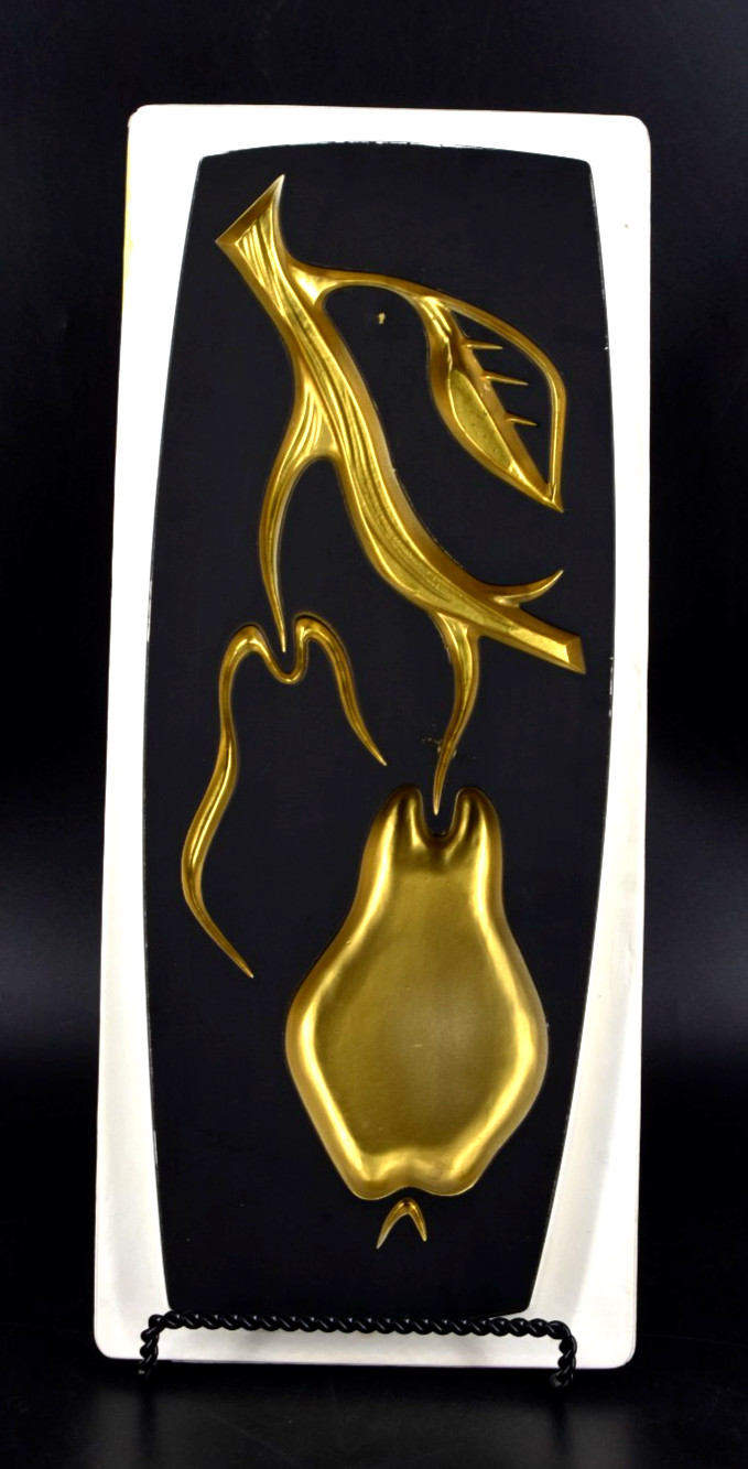 Vintage MCM Fruit Wall Plaques Apple & Pear Plastic Gold, Black, White 16.5″