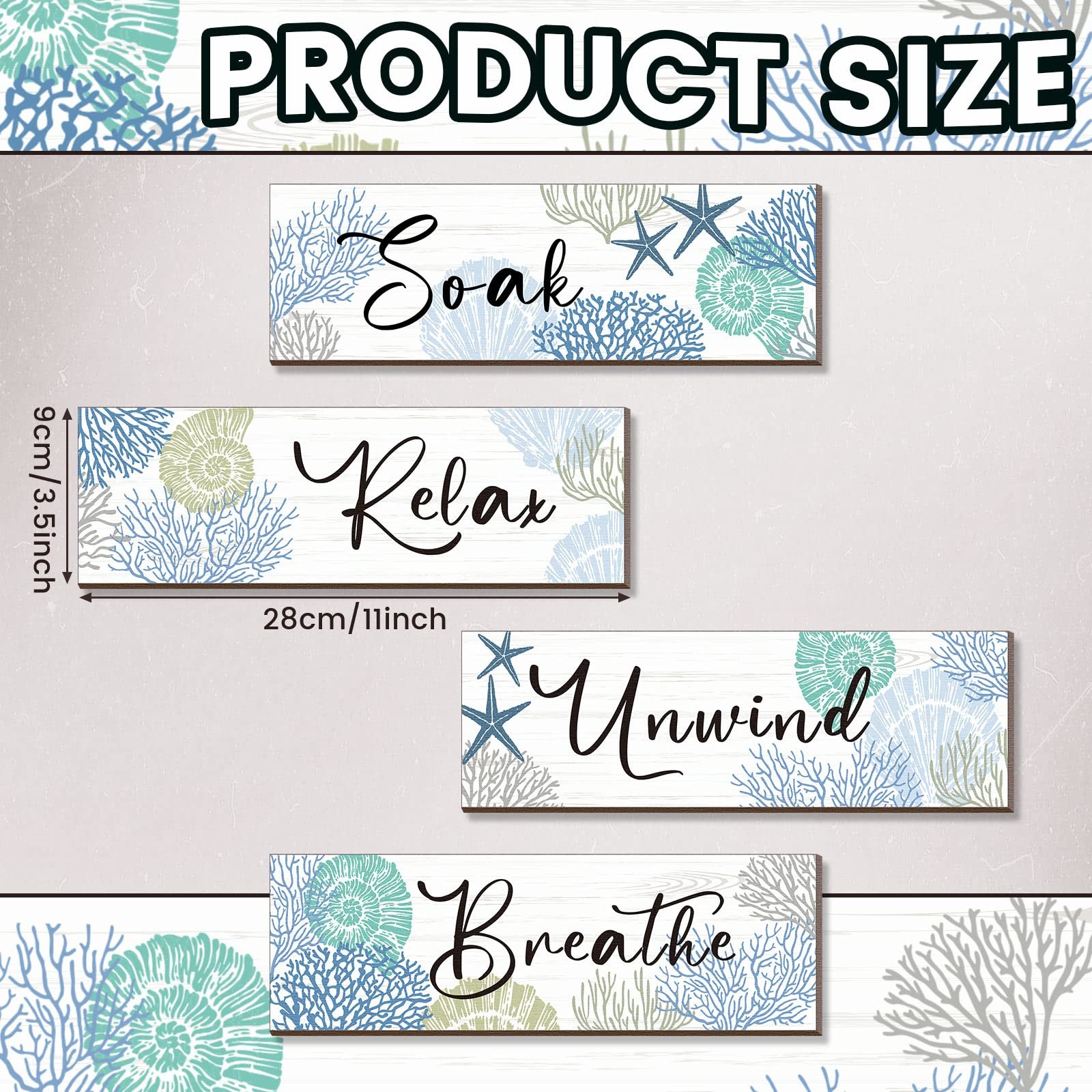 11 X 3.5 Inches Coastal Christmas Decor Set Of 4 Beach Ocean Bathroom Wall Decor
