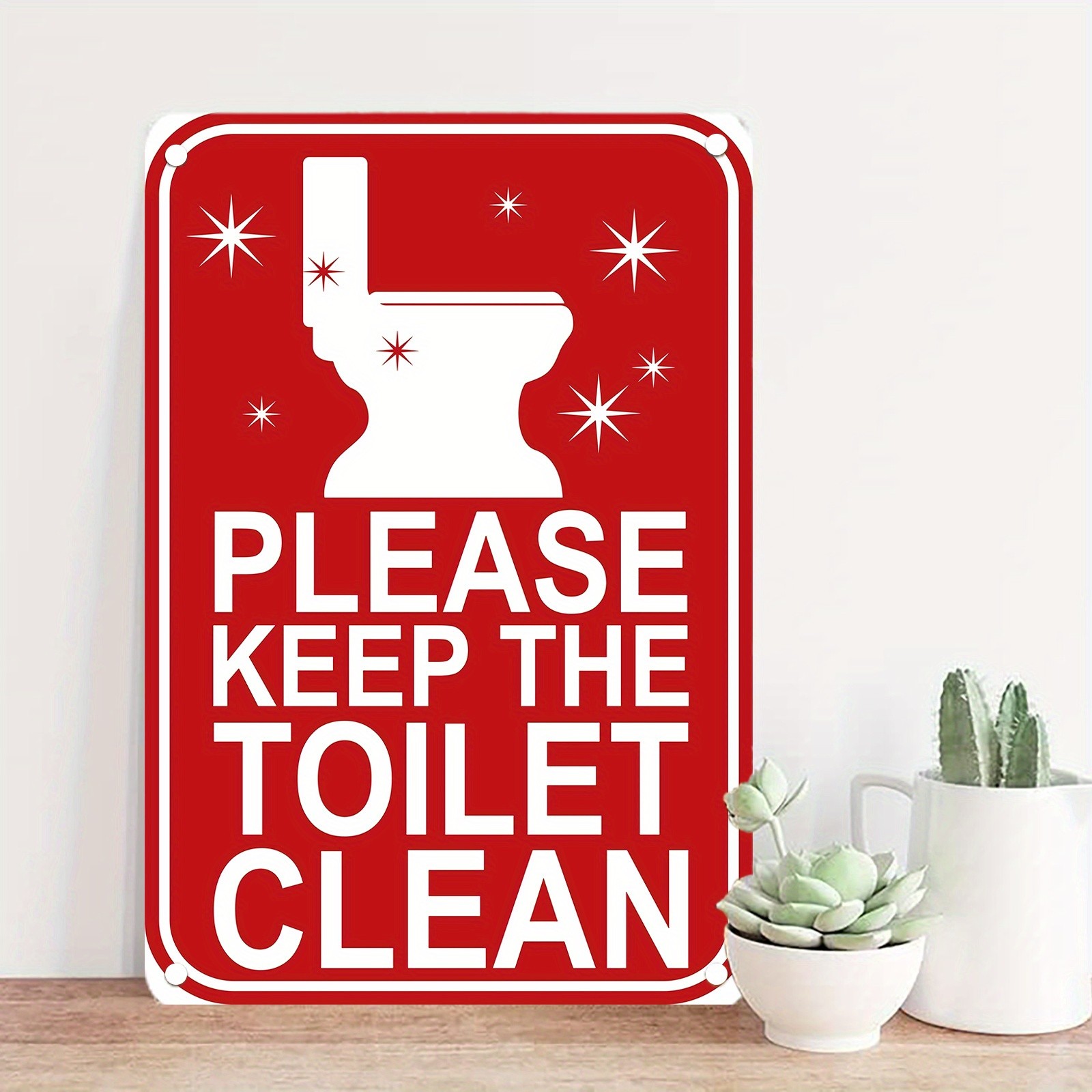 Vintage Metal Bathroom Wall Sign Red White Retro Tin