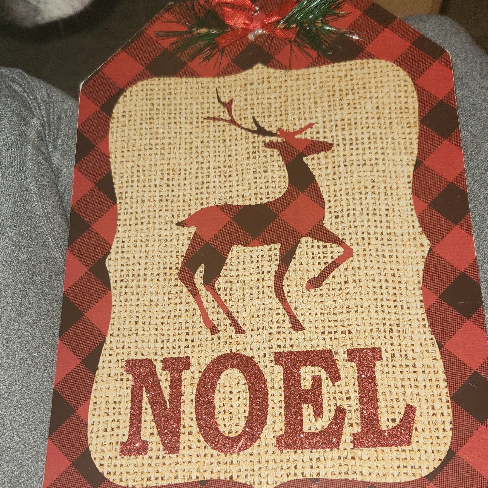 Christmas NOEL Reindeer Wood Wall Sign Plaid Farmhouse Glitter Red Black Beige